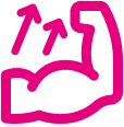 Zwei Pfeile zeigen weg von einem scheinbar starken Oberarm. Der Bizeps sybolisiert die gebündelte Stärke von CombiPlus und Combi-Connect nach der Verschmelzung zu CombiSystems. Das ganze Symbol ist in Pink abgebildet.  