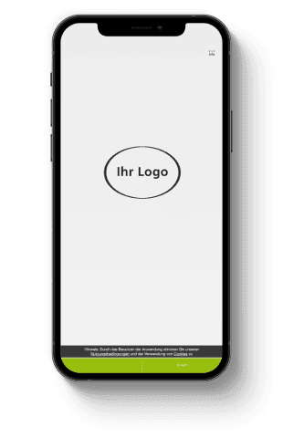 Das Bild zeigt die Startseite der myConnect WebApp auf einem Smartphone. Auf dem Bildschirm ist der Text „Ihr Logo“ in einem runden Rahmen zu sehen, an dem der Platzhalter für das Unternehmenslogo angezeigt wird. Am unteren Rand des Bildschirms befindet sich der grüne „START“-Button, um den Vorgang fortzusetzen.