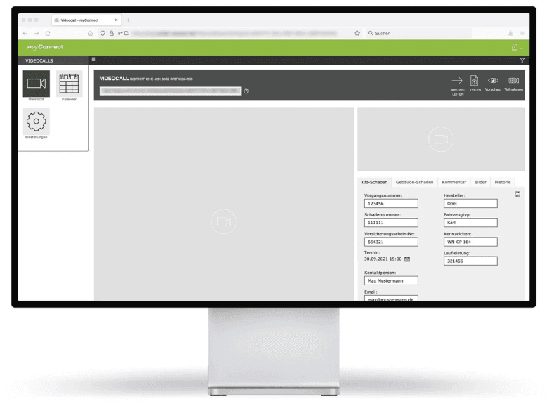  Das Bild zeigt das Interface für die Erstellung eines neuen Videocalls in der myConnect Web-App auf einem Desktop-Computer. Auf dem Bildschirm ist die Eingabemaske für die Schaden- und Fahrzeugdaten sichtbar, darunter eine Schadennummer, Fahrzeugdetails und Informationen zum Kunden. Es gibt außerdem Felder für Kommentare und Bilder. Ein leerer Bereich auf der linken Seite zeigt Platz für das Videocall-Video, das noch nicht gestartet wurde.