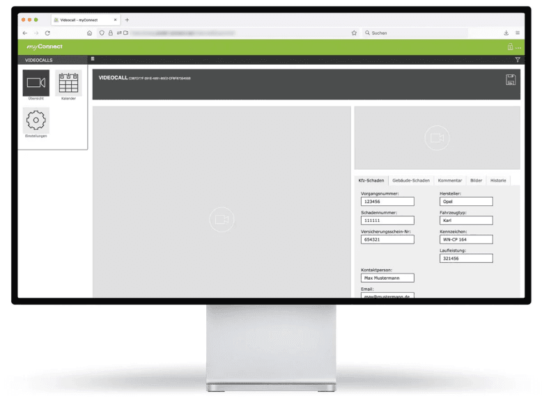 Das Bild zeigt einen Desktop-Computer, auf dem die myConnect-Software geöffnet ist. Auf dem Bildschirm wird eine Benutzeroberfläche für Videoanrufe angezeigt. Es gibt Felder für die Eingabe von Schadensnummern, Fahrzeugdetails und Kontaktinformationen. Die rechte Seite zeigt spezifische Angaben wie Fahrzeugmarke, Kennzeichen und den geplanten Termin für den Videoanruf. Der Bereich für den Videoanruf ist leer und wartet auf eine Verbindung. Auch die Navigationsleiste und verschiedene Optionen wie "Videoanruf starten" sind sichtbar.