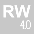 Das Bild zeigt das RW 4.0-Logo. Es besteht aus den Buchstaben „RW“, die in einer modernen, minimalistischen Schriftart dargestellt sind, und der Zahl „4.0“, was auf eine digitale oder technologische Version hinweisen könnte, möglicherweise im Bereich der Fahrzeugbewertung oder einer ähnlichen Branche. Das Design des Logos ist schlicht, was eine klare und effiziente Markenidentität vermittelt.