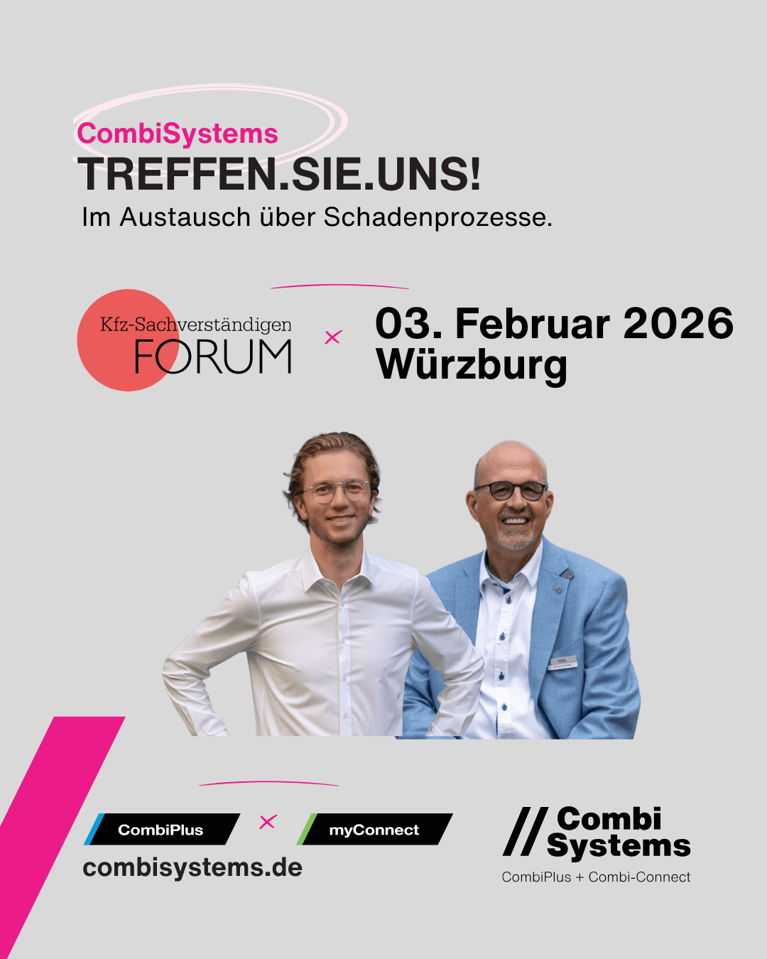 CombiSystems Team beim Kfz-Sachverständigenforum 2026 in Würzburg mit Fokus auf Gutachten und Schadenbewertung