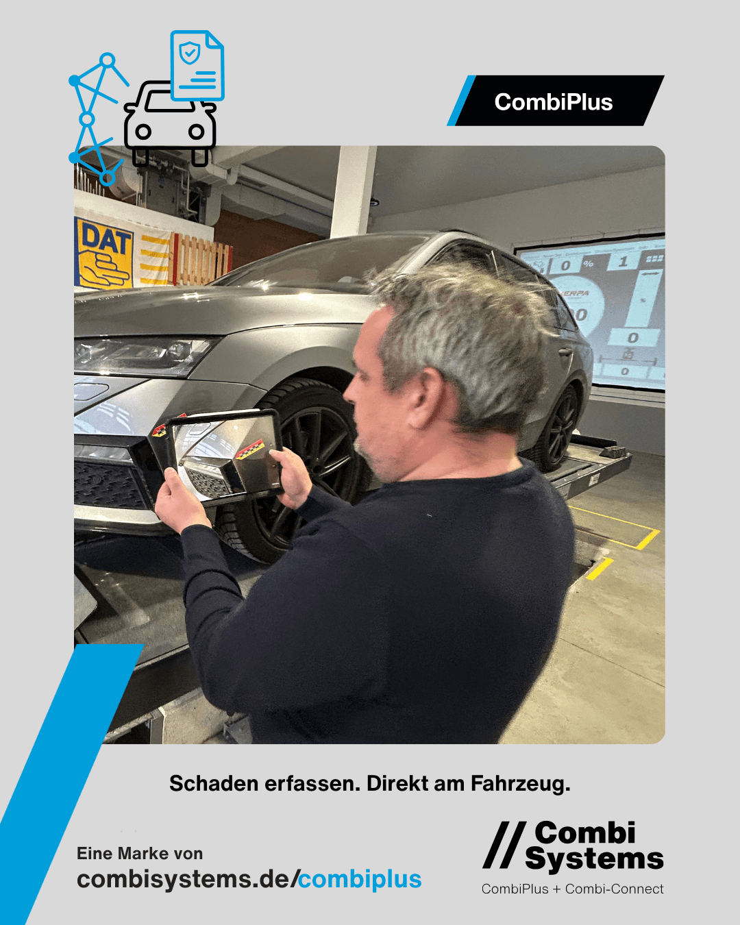 Fotodokumentation eines Fahrzeugschadens direkt am Auto mit Tablet und CombiPlus Hybrid